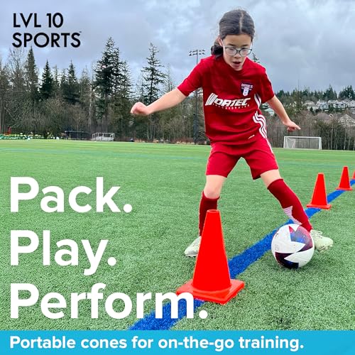 LVL10 Pro Training Cones - 12" Large Soccer Cones for Sports Training - for Basketball, Football, Basketball and Agility Drills - Soccer Field Markers that Won't Crack, Slide or Fly - style: 6 cones