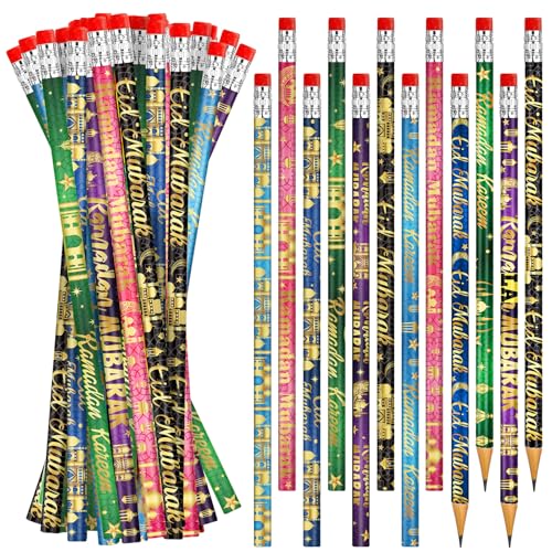 200 PCS Ramadan Pencils Eid Mubarak Wood Pencils with Eraser Ramadan Mubarak Party Favors Gifts Stationery Pencil Bulk for School Classroom Office Giveaways Prizes Islamic Party Favors Supplies - style: Mubarak200