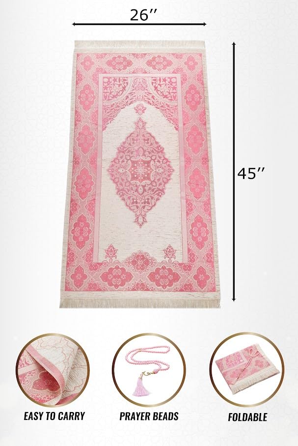 ihvan online Muslim Prayer Rug with 99 Beads Tasbih, Soft Chenille Sajadah, Lightweight & Foldable Janamaz, Portable Travel Prayer Mat, Islamic Gift for Eid, Ramadan, Hajj & Umrah, Fuchsia - color: Fuchsia