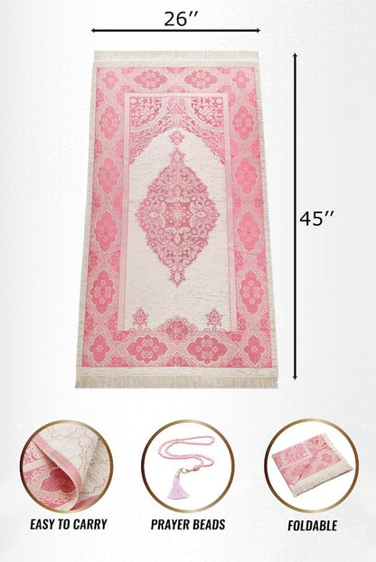 ihvan online Muslim Prayer Rug with 99 Beads Tasbih, Soft Chenille Sajadah, Lightweight & Foldable Janamaz, Portable Travel Prayer Mat, Islamic Gift for Eid, Ramadan, Hajj & Umrah, Fuchsia - color: Fuchsia