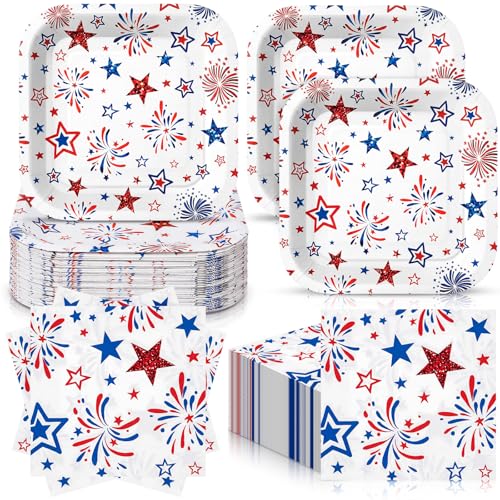 Zhehao 72 Pcs 4th of July Plates and Napkins Set Serve 36, 7" Red White and Blue Paper Dessert Patriotic Plates and Napkins Disposable Independence Day 250th Anniversary Party Supplies - style: Star