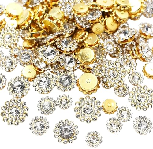 100pcs Sew on Rhinestones Crystal Gems Glass Sunflower with Gold Claw Mixed 8mm 10mm 12mm 14mm Flower Claw for Sewing Dress, Clothes, Shoes, Wedding Decoration (01 Clear White) - color: 01 Clear White