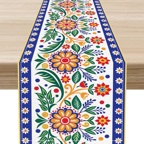 Mexican Table Runner，Floral Colorful Fiesta Cinco de Mayo Dia De Los Muertos Day of The Dead Rustic Kitchen Dining Table Scarf for Kitchen Living Room Home Party Decor 13"x36" - color: Tr-mexican06, size: 13x36" Table Runner