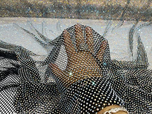 New Creations Fabric & Foam Inc, 45" Wide AB Iridescent Rhinestone On Soft Stretch Fish Net Fabric by The Yard (1 Yard, Iridescent Rhinestones on Black Mesh) - color: Iridescent Rhinestones on Black Mesh