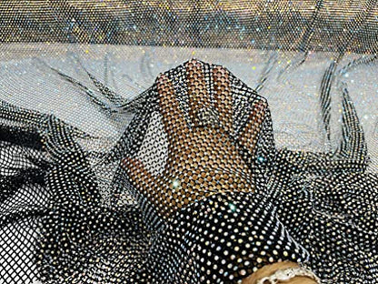 New Creations Fabric & Foam Inc, 45" Wide AB Iridescent Rhinestone On Soft Stretch Fish Net Fabric by The Yard (1 Yard, Iridescent Rhinestones on Black Mesh) - color: Iridescent Rhinestones on Black Mesh