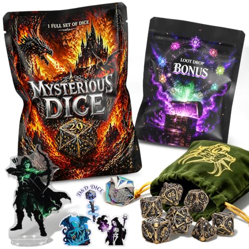 QMAY Mystery D&D Dice Set – 7 Metal Polyhedral RPG Dice with Bonus Loot - style: 1 bag Metal Dice + Bonus