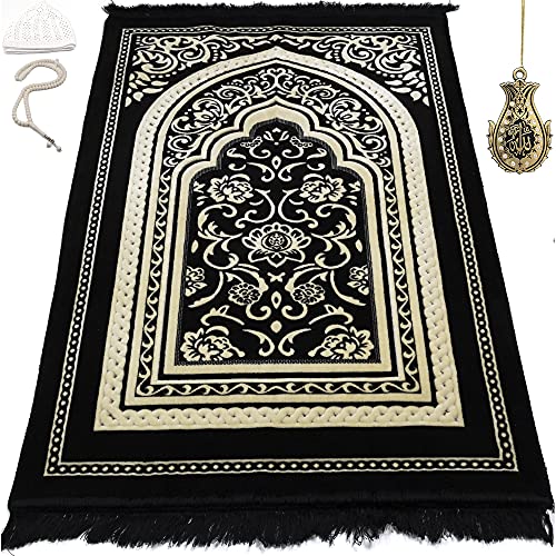 Modefa Turkish Islamic Velvet Prayer Rug - Thick Wide Soft Prayer Carpet - Men & Women - Large Prayer Mat - Eid & Ramadan Gift - with Kufi Cap Beads & Car Hanger - Double Plush Floral Black - color: Floral Arch - Black