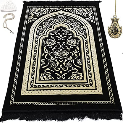Modefa Turkish Islamic Velvet Prayer Rug - Thick Wide Soft Prayer Carpet - Men & Women - Large Prayer Mat - Eid & Ramadan Gift - with Kufi Cap Beads & Car Hanger - Double Plush Floral Black - color: Floral Arch - Black