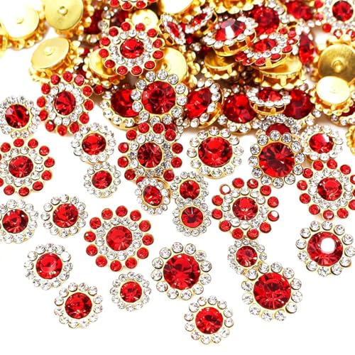 100pcs Sew on Rhinestones Crystal Gems Sunflower with Gold Claw Mixed 8mm 10mm 12mm 14mm for Sewing Dress Clothes Shoes Wedding Decoration (04 Red) - color: 04 Red
