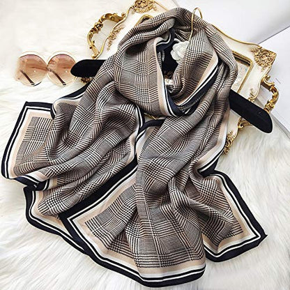 ANDANTINO 100% Silk Long Scarf-Women Large Oblong Shawls with Gift Packed - color: Check-earth Tone