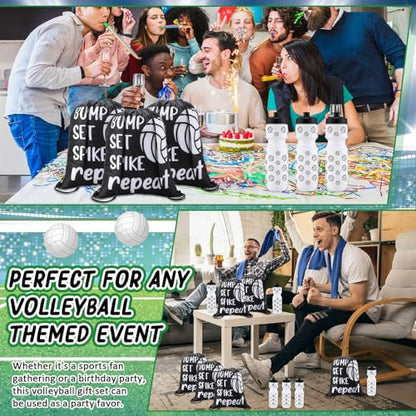 Talltalk 12 Pcs Volleyball Water Bottle and Drawstring Bag Set Volleyball Party Favor 24 oz Sports Squeeze Bottles with Drawstring Bags for Team Gifts Goodie Gift Bag Birthday Decorations