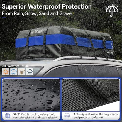 MARCHWAY Waterproof Car Roof Luggage Bag, Weatherproof Soft Shell Rooftop Cargo Carrier Bag for Vehicles with or Without Rack. 6 Door Hooks, Anti Slip Mat, Lock Included (21 Cubic Feet, Blue) - size: 21 Cubic Feet, Blue