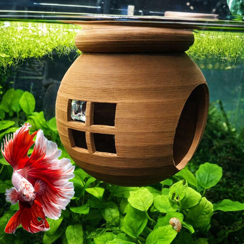 Floating Cozy Betta House, Natural Floating Betta Hide Out, Aquarium Hammock, Relaxing & Stress Relief, Suction Cup Included, 2.9" W x 2.6" H - color: Dark Brown