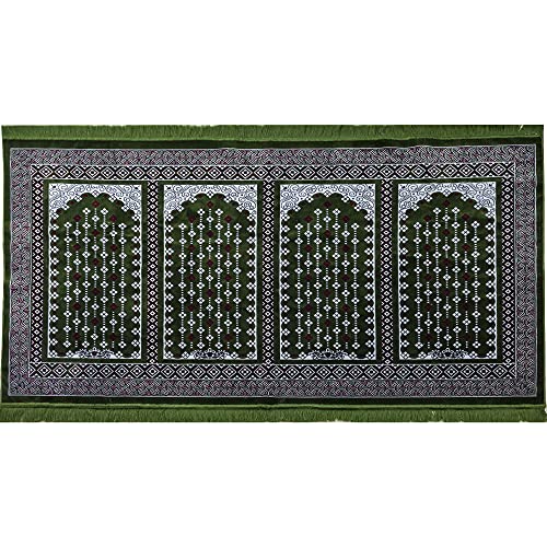 Modefa Turkish Islamic Prayer Rug - Multi Person Janamaz Sajada for Family or Large Gathering & Group Praying Carpet - Wide Plush Velvet Praying Mat (Green Arch - 4 Person)