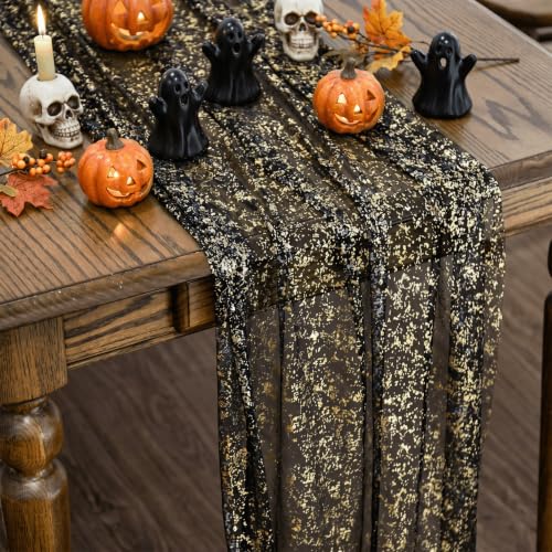 Artoid Mode Black Gold Gauze Table Runner 120 Inch 10FT, Glitter Metallic Foil Sheer Dining Wedding Anniversary Holiday Birthday Table Decor for Home Party - color: Black Gold, size: 28" x 120"