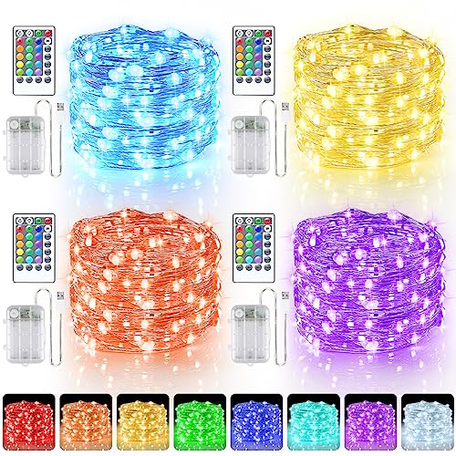 StarryEver 66ft 200LED Fairy Lights Battery Operated, 4 Pack 16.5ft 16 Color Changing String Light with Remote Timer, RGB Waterproof Twinkle Lights for Indoor Outdoor Room Gift Party Christmas Décor - color: Multicolor, size: 16.5ft 50LED-4 Pack