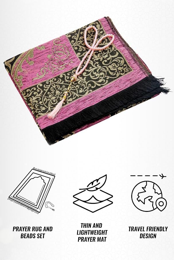 ihvan online Muslim Prayer Rug with 99 Beads Tasbih, Soft Chenille Sajadah, Lightweight & Foldable Janamaz, Portable Travel Prayer Mat, Islamic Gift for Eid, Ramadan, Hajj & Umrah, Rose - color: Rose