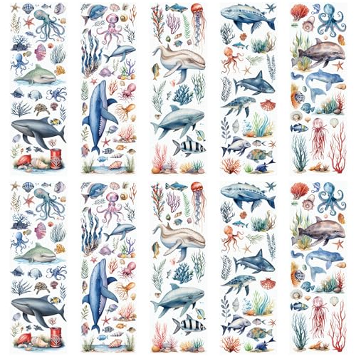 WANDIC 10 Sheets Rub On Transfer Sticker, Ocean Style Fish Pattern Stickers for DIY Scrapbooking Photo Albums Furniture,11.8 * 3.9in - color: Ocean