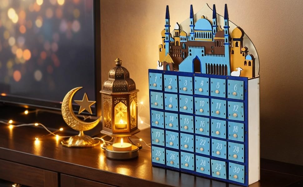 30-Drawer Wood Ramadan Advent Calendar With Led Lights, Eid Festival Decor, Muslim Style Religious Decoration, 11 X 2.2 X 15.4 In Countdown Calendar, Bedroom Table Lamp