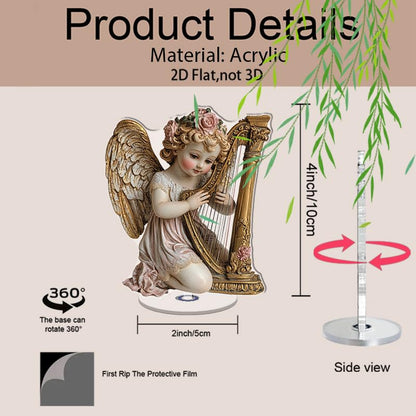 YLUYINOM 2D Flat Acrylic Display Plaque, Delicate Cherub with Golden Wings Playing A Harp Adorned with Pink Roses and Intricate Details. Rotatable, with Base - color: Picture 17