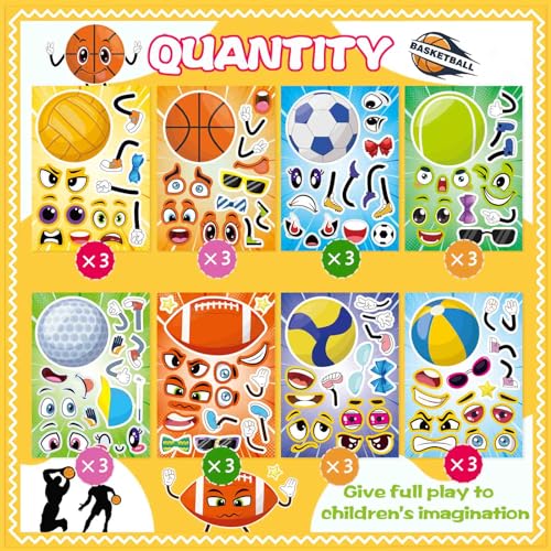 Sport Ball Stickers, Rugby Stickers for Teens/Kids, Make a Face Stickers | 24 PCS Make Your Own Mix and Match Sticker Sheets, Basketball, Baseball, Football, Volleyball, Soccer, Goodie Bags Stuffers - style: Sport Ball Sticker