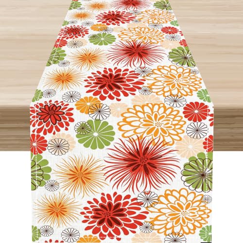 Boho Floral Table Runner, Vintage Red Yellow Dahlia Flower Geometric Floral Vibrant Rustic Spring Modern Farmhouse Table Decor for Home Party Supplies Indoor Outdoor 13x36 inch - color: Dahlia-1, size: 13x36" Table Runner