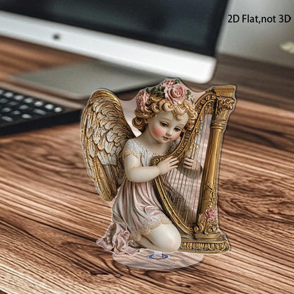 YLUYINOM 2D Flat Acrylic Display Plaque, Delicate Cherub with Golden Wings Playing A Harp Adorned with Pink Roses and Intricate Details. Rotatable, with Base - color: Picture 17