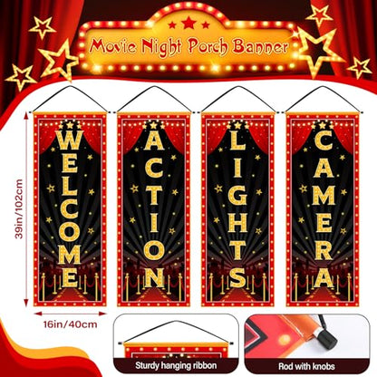 Panelee 4 Pcs Movie Night Porch Banner Movie Themed Party Decorations Theater Welcome Lights Camera Action Front Door Sign Hanging Decoration for Home Photo Film Booth Backdrop Party Supplies - style: Movie Night