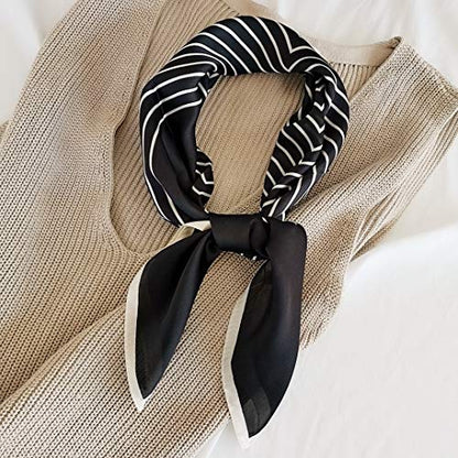 FONYVE Silk Feeling Scarf Medium Square Satin Head Scarf for Women 27.5 × 27.5 inches - color: 07 Stripe Black