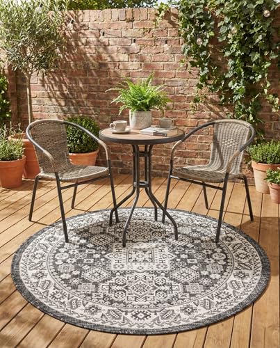Rugs.com - Outdoor Aztec Rug – 4 Ft Round Charcoal Gray Washable Indoor/Outdoor Rug – Flatweave Tribal Design for Patios, Decks, and Porches - color: Charcoal Gray, size: 4' (Round)