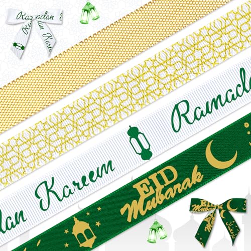 4 PCS Ramadan Ribbons 3/8" Eid Mubarak Decor Ribbons Gold Ramadan Kareem Words Lantern Grosgrain Ribbons for Eid Ramadan Decoration Islamic Muslim Party Favor Gift Wrapping Crafts Decoration Supplies - color: White, Green, Gold