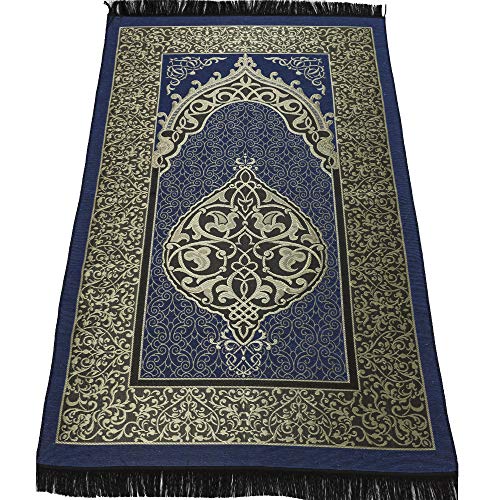Modefa Muslim Woven Chenille Prayer Rug, Ottoman Black + Blue | Thin Chenille and Taffeta Turkish Intricate Metallic Ottoman Salah Mat - color: Black + Blue
