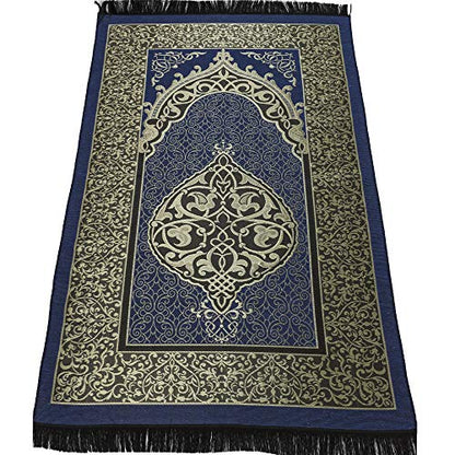 Modefa Muslim Woven Chenille Prayer Rug, Ottoman Black + Blue | Thin Chenille and Taffeta Turkish Intricate Metallic Ottoman Salah Mat - color: Black + Blue