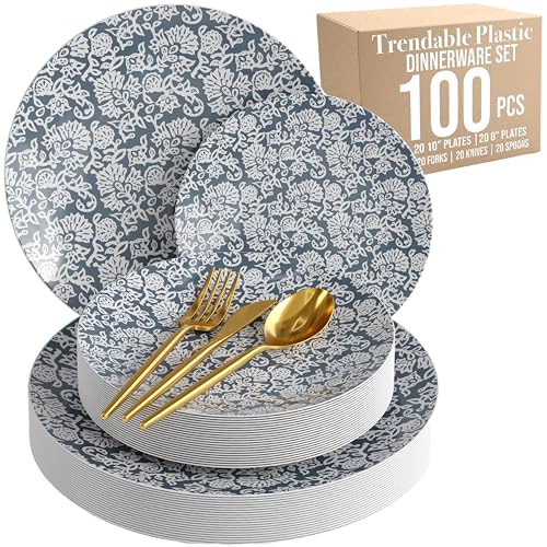 Trendables Fancy Plastic Dinnerware Sets 100 Pc 20 Guests Gold Silverware Disposable 20 X 10 Inch Charger Plates 20 X 8 Inch Dessert Plates 20 x Gold Plastic Forks and Spoons Knives In Garden Damask - color: Garden Damask