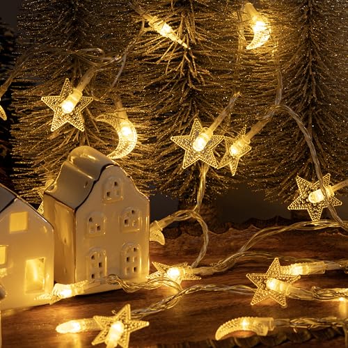 Whimsigoth Star and Moon Decor String Lights, Indoor Bedroom Classroom Dorm Patio Party Wedding Decor, Warm White (30ft Battery) - size: 30ft Battery