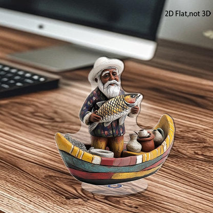YLUYINOM 2D Flat Acrylic Display Plaque, Elderly Man Figurine in A Boat Proudly Holding A Fish with Fishing Tools Around. Rotatable, with Base - color: Picture 25
