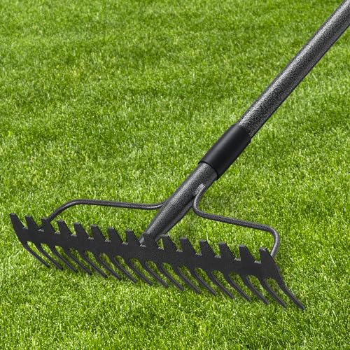 49'' Bow Rake ，17 Tines Metal Head Rakes with Stainless Steel Handle，Heavy Duty Garden Rake for Loosening Soil Gathering Leaf Leveling Lawn Farming Land Management Yarn Thatch Rake - style: 49inch