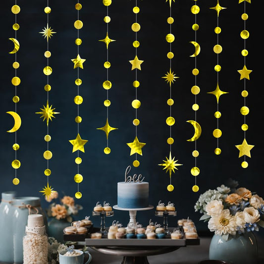 4 Pack Gold Star Moon Circle Dot Garland, 46ft Gold Hanging Star Moon Dot Ceiling Streamer Decorations for Birthday Wedding Baby Shower Eid Mubarak Ramadan Christmas New Year Party Décor - color: Gold