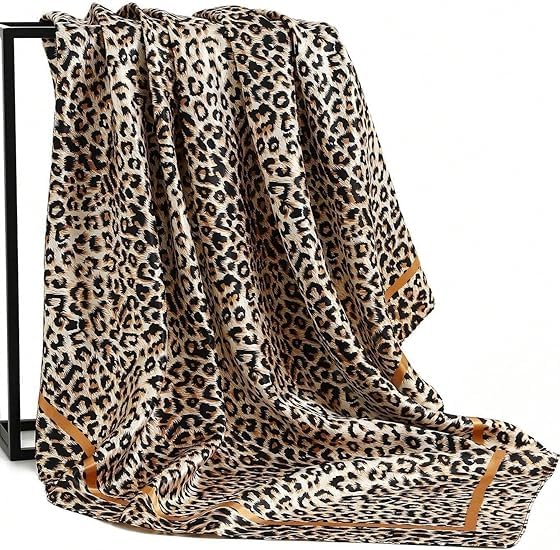 Leopard Head Scarf for Women - Lightweight Large Square Satin Hair Scarf | Soft lightweight leopard head scarf, versatile as bandana, hair wrap or fashion accessory for daily wear 35'' × 35''