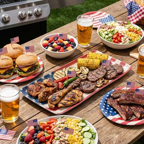 KINGEN American Flag Serving Platter, Rectangular 15inch Serving Dishes Set of 2 for Entertaining, Durable & Dishwasher Safe, Bamboo Serving trays for party, Cheese, 4th of July Series, Red White Blue