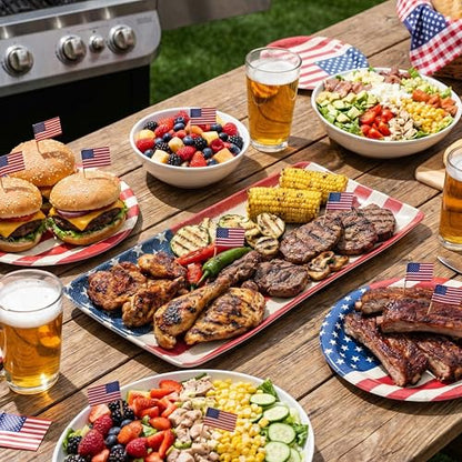 KINGEN American Flag Serving Platter, Rectangular 15inch Serving Dishes Set of 2 for Entertaining, Durable & Dishwasher Safe, Bamboo Serving trays for party, Cheese, 4th of July Series, Red White Blue