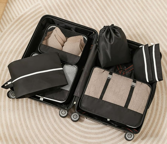 7-Piece Travel Storage Set with Waterproof Pouch, Multifunctional Organizer Bags for Shoes and Cosmetics, Collapsible Packing Cubes for Business Travel, Black - color: Black