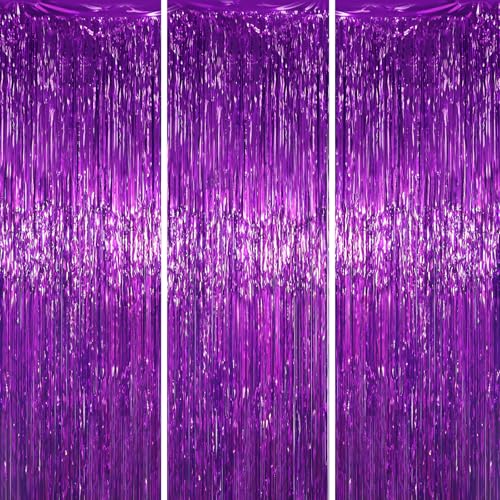 Voircoloria Purple Foil Fringe Backdrop Curtains, 3.3x6.6ft, 3pcs - color: Purple