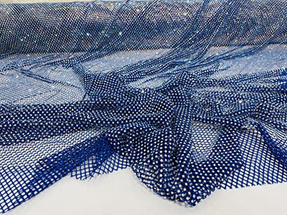 New Creations Fabric & Foam Inc, 45" Wide AB Iridescent Rhinestone On Soft Stretch Fish Net Fabric by The Yard (1 Yard, Iridescent Rhinestones on Royal Blue Mesh) - color: Iridescent Rhinestones on Royal Blue Mesh
