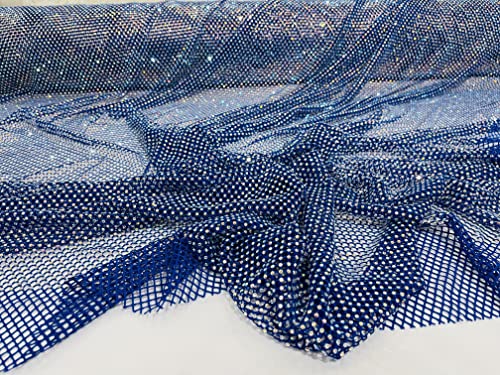 New Creations Fabric & Foam Inc, 45" Wide AB Iridescent Rhinestone On Soft Stretch Fish Net Fabric by The Yard (1 Yard, Iridescent Rhinestones on Royal Blue Mesh) - color: Iridescent Rhinestones on Royal Blue Mesh