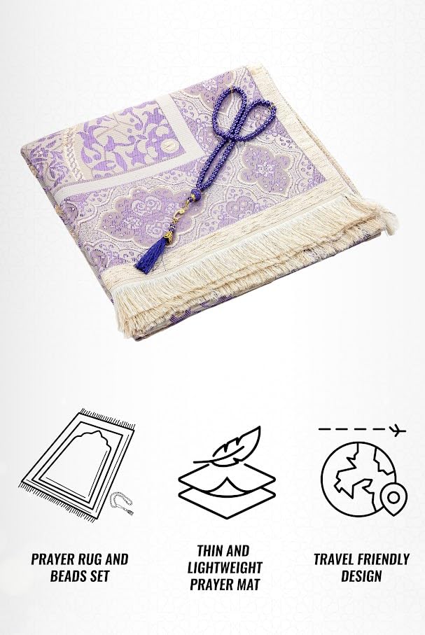 ihvan online Muslim Prayer Rug with 99 Beads Tasbih, Soft Chenille Sajadah, Lightweight & Foldable Janamaz, Portable Travel Prayer Mat, Islamic Gift for Eid, Ramadan, Hajj & Umrah, Dark Lilac - color: Dark Lilac