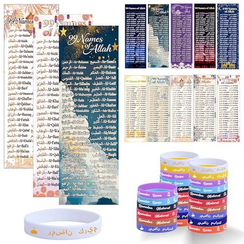60 Sets Islamic Learning Gifts Bulk, Islamic Party Favors, 99 Names of Allah Bookmarks with Silicone Bracelets, Arabic English Muslim Gifts,Classroom Rewards, Muslim Educational Party Favors - style: Colorful-60