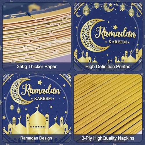 96 Pcs Ramadan Plates and Napkins Forks Sets - Blue Gold Eid Mubarak Themed Round Tableware, Disposable KAREEM Paper Plates Napkins Kit for Ramadan Party Supplies Favors Table Decorations, Serves 24 - style: Ramadan