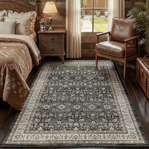 Charcoal Black Farmhouse Area Rugs 3x5, Washable Upgraded Non-Slip Vintage Distressed Rug, Low Pile Print Pattern Carpet for Living Room, Entryway, Bedroom, Kitchen, Office, Bath, Charcoal Black Ivory - color: Charcoal Black/Ivory, size: 3' x 5' (Rectangu