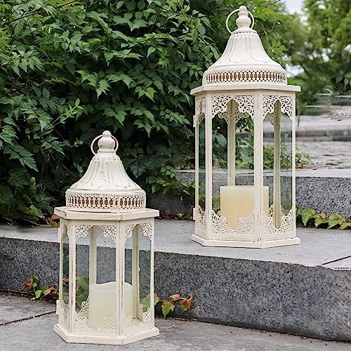 NEEDOMO Lanterns Decorative Outdoor & Indoor, Set of 2 Outdoor Lanterns for Porch,Large Candle Lantern, Beige Metal Frame with Glass for Fall, Christmas - color: Beige-23"+16"